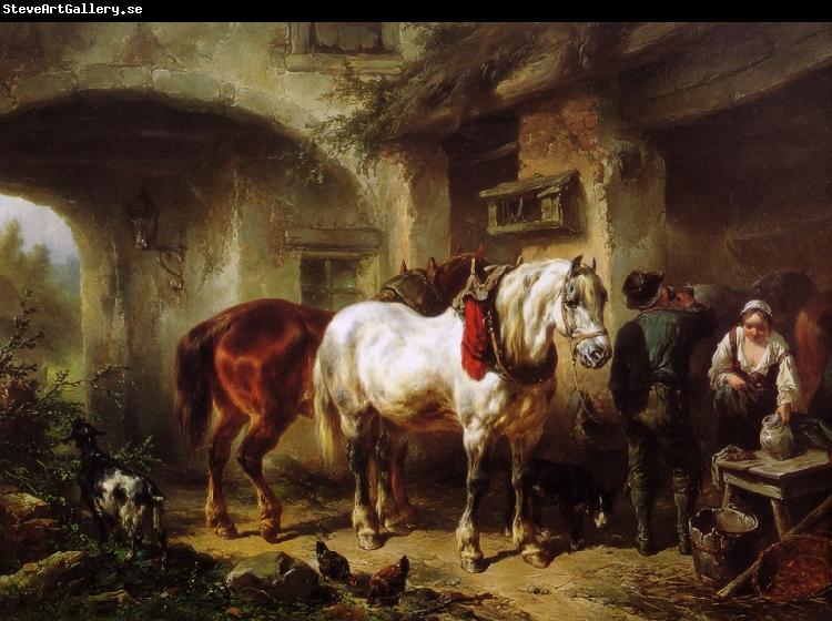 Wouterus Verschuur Paarden en personen op een binnenplaats